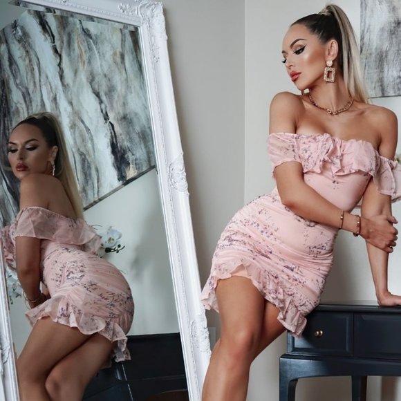 Floral Off Shoulder Frill Hem Bodycon Mini Dress - Picture 4 of 5